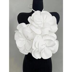 White Couture Petal Bloom Halter Top – Sculpted 3D Floral Bust Piece L